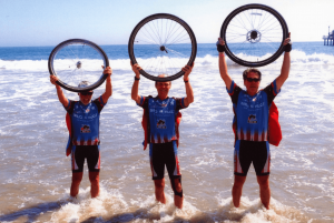 L to R: Earl, Tucker Swan, Glen Magpiong (son), September 2017, End of Northern Tier/Route 66 Ride, Santa Monica Beach, CA 