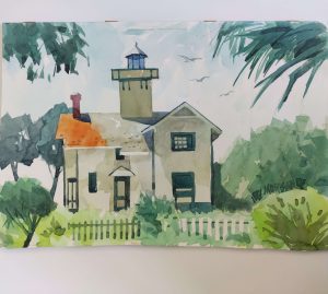 Building with Tower Watercolor
