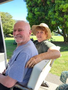 Ruth and Stjepan in motorized cart at LA Arboretum