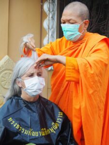First Lock of Hair - Cindy getting head shaved by Venerable Dhammananda